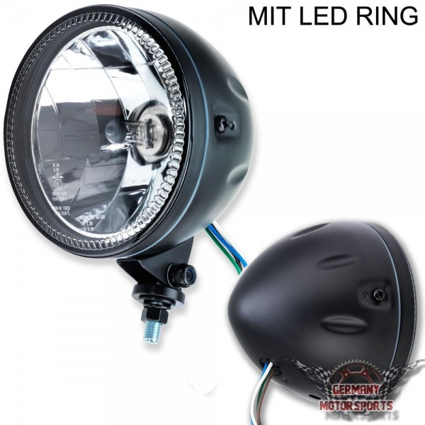 LED Motorrad Scheinwerfer Skyline BM H4 Schwarz Klar Glas 5 3/4 Zoll